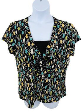 BRIGGS NEW YORK TURQUOISE BLUE YELLOW GEOMETRIC PRINT BUCKLE DETAIL TOP - USA XL